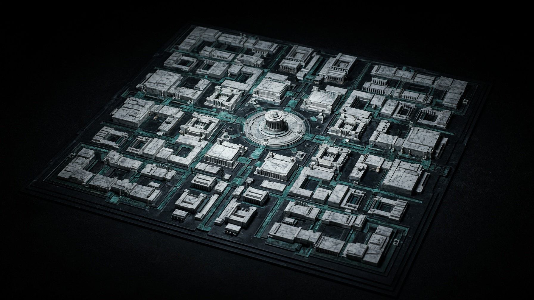 A marble city laid out like a circuit — systems as place.